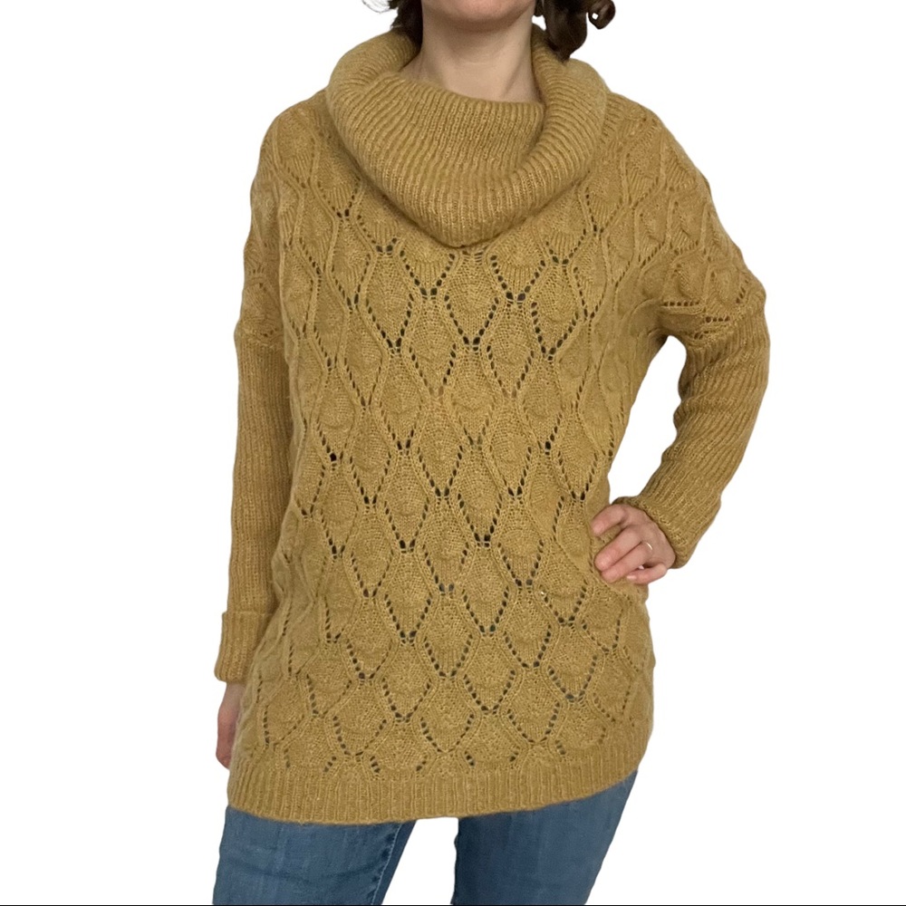 Anthropologie Elsamanda Mohair Blend Mustard Oversized Cowl Neck Sweater Size L